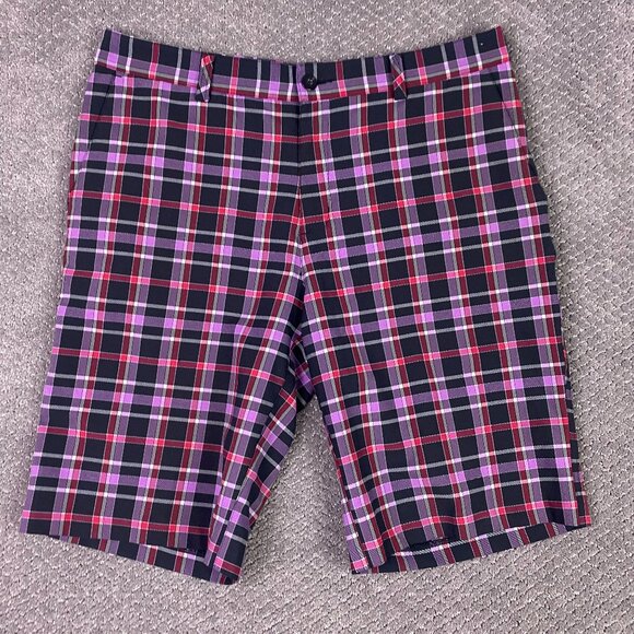 Adidas Shorts Men's 34 Purple Pink Golf Flat Front Plaid Check - Picture 1 of 13